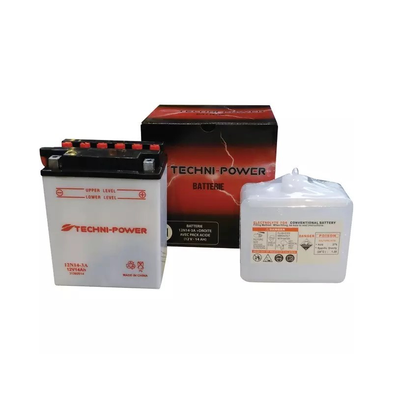 BATTERIE 12V 14AH 175A TYPE 12N14-3A + A DROITE AVEC PACK ACIDE TECHNI-POWER