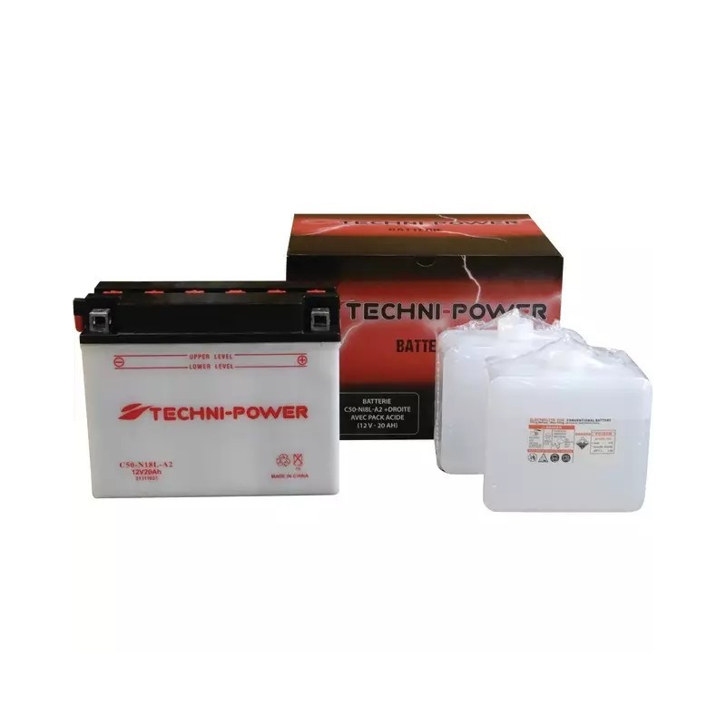 BATTERIE 12V 20AH 260A TYPE C50-N18L-A2 + A DROITE AVEC PACK ACIDE TECHNI-POWER
