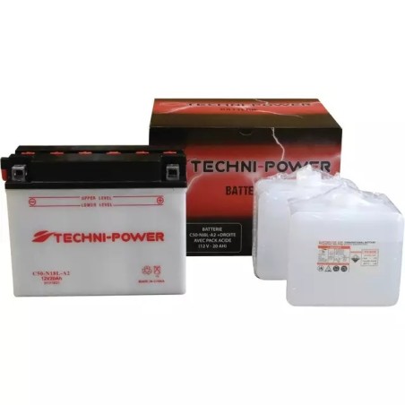 BATTERIE 12V 20AH 260A TYPE C50-N18L-A2 + A DROITE AVEC PACK ACIDE TECHNI-POWER