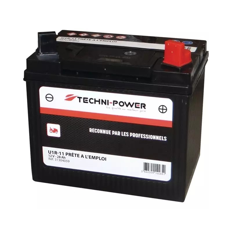 BATTERIE HUMIDE SANS ENTRETIEN 12V 28AH 300A TYPE U1R-11/U1R-9 + A DROITE TECHNI-POWER