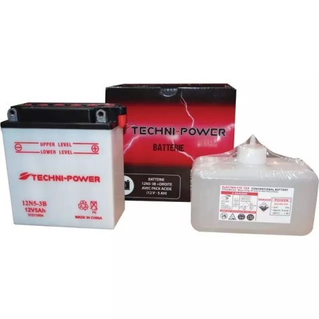 BATTERIE 12V 5AH 65A TYPE 12N5-3B + A DROITE AVEC PACK ACIDE TECHNI-POWER