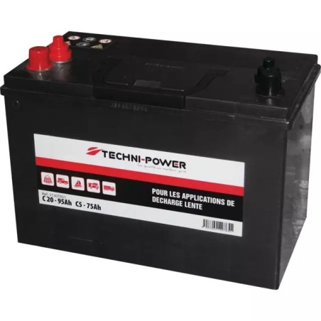 BATTERIE 12V 95AH DECHARGE LENTE DOUBLE BORNES + A GAUCHE TECHNI POWER