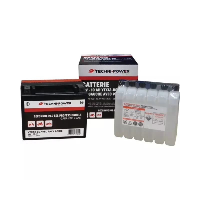 BATTERIE 12V 10AH 180A TYPE YTX12-BS + A GAUCHE AVEC PACK ACIDE TECHNI-POWER