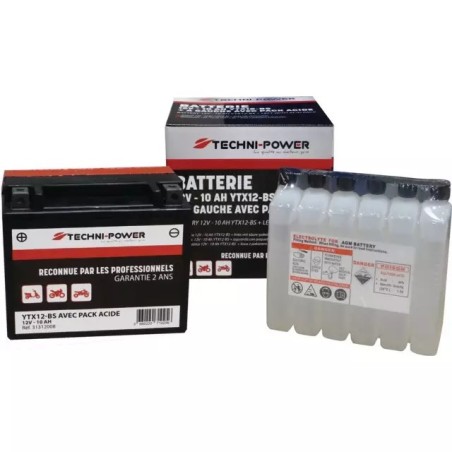 BATTERIE 12V 10AH 180A TYPE YTX12-BS + A GAUCHE AVEC PACK ACIDE TECHNI-POWER