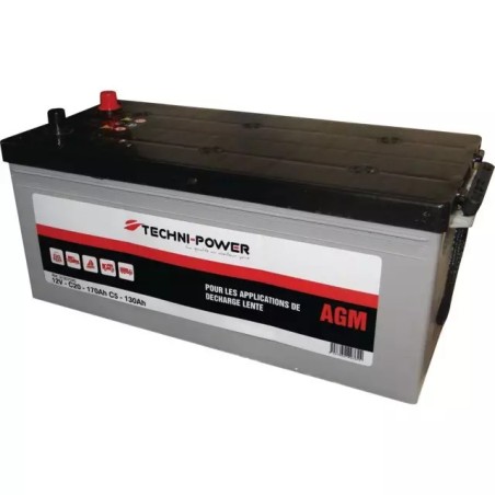 BATTERIE 12V 170AH DECHARGE LENTE AGM LOISIR + A GAUCHE TECHNI POWER