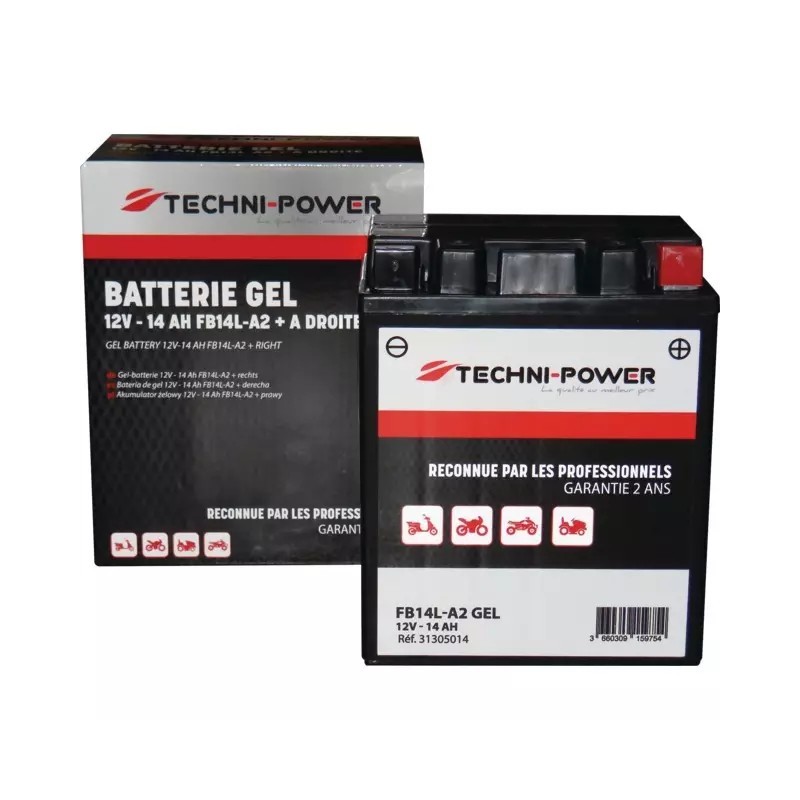BATTERIE GEL 12V 14AH 210A TYPE FB14L-A2 + A DROITE TECHNI-POWER