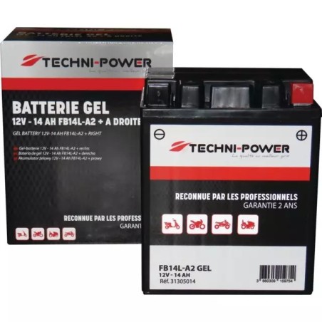 BATTERIE GEL 12V 14AH 210A TYPE FB14L-A2 + A DROITE TECHNI-POWER