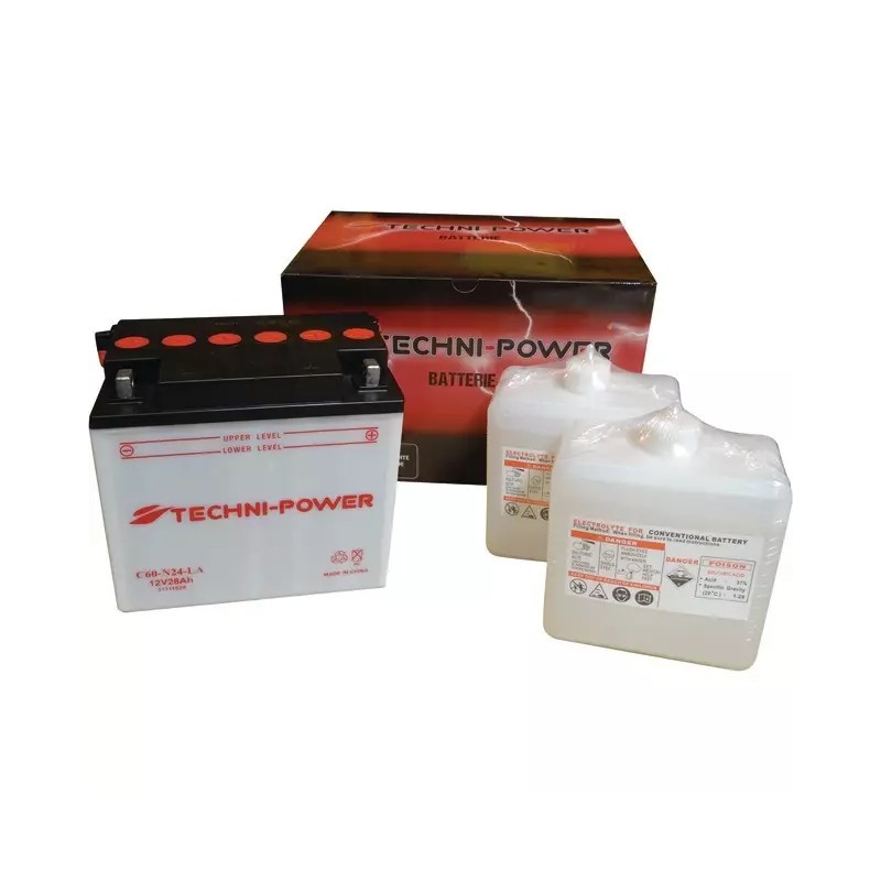 BATTERIE 12V 28AH TYPE C60-N24L-A + A DROITE AVEC PACK ACIDE TECHNI-POWER
