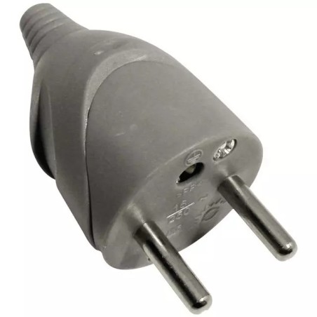 FICHE MALE PLASTIQUE 10/16A GRIS 2P+T SORTIE DROITE