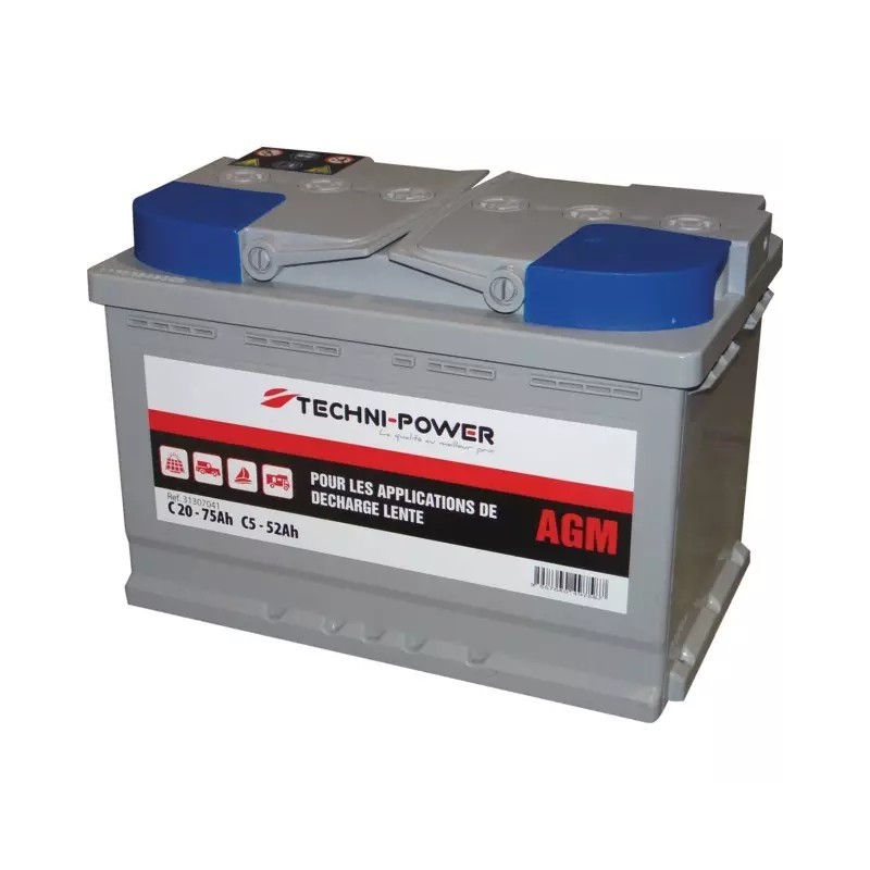 BATTERIE 12V 70AH DECHARGE LENTE AGM LOISIR + A DROITE TECHNI POWER